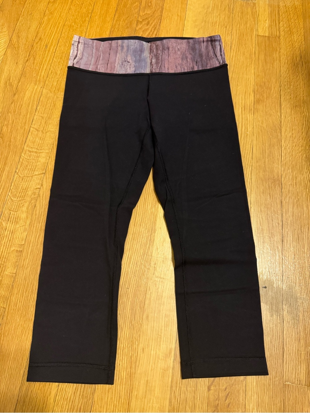 lululemon athletica Black Capri Leggings with Purple Patterned Waistband